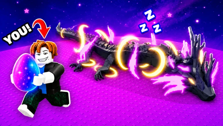 Steal An Egg Roblox game cover showing a player carrying a glowing egg beside a sleeping dragon